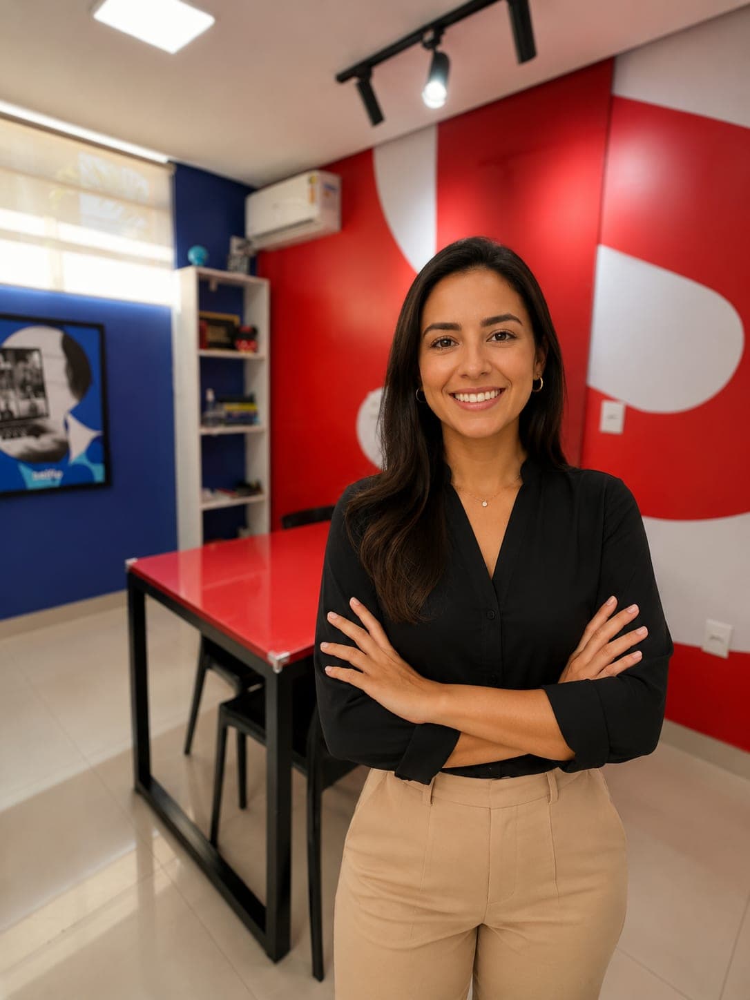 Consultora da Selfie Corporate de braços cruzados, sorrindo, na sala de atendimento da unidade.